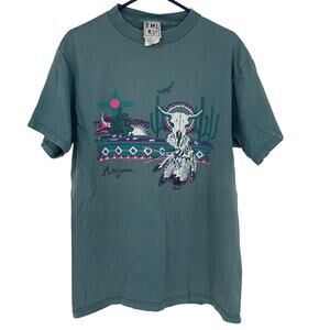E.M.I. Women's Vintage Teal Arizona Cotton Bull Skull Graphic Tee Size Large